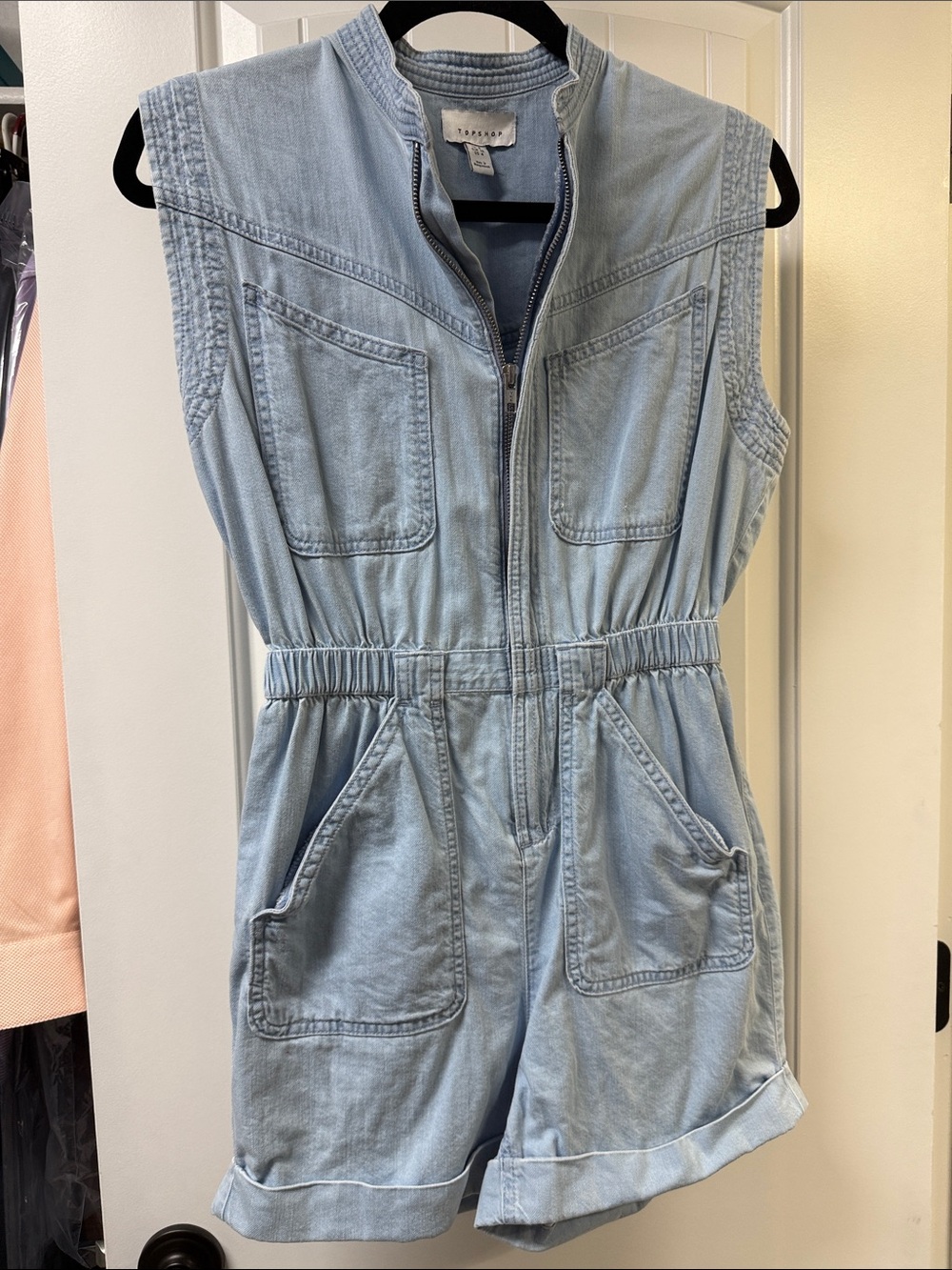 TopShop Light Wash Denim Romper - Sleeveless Zip Front